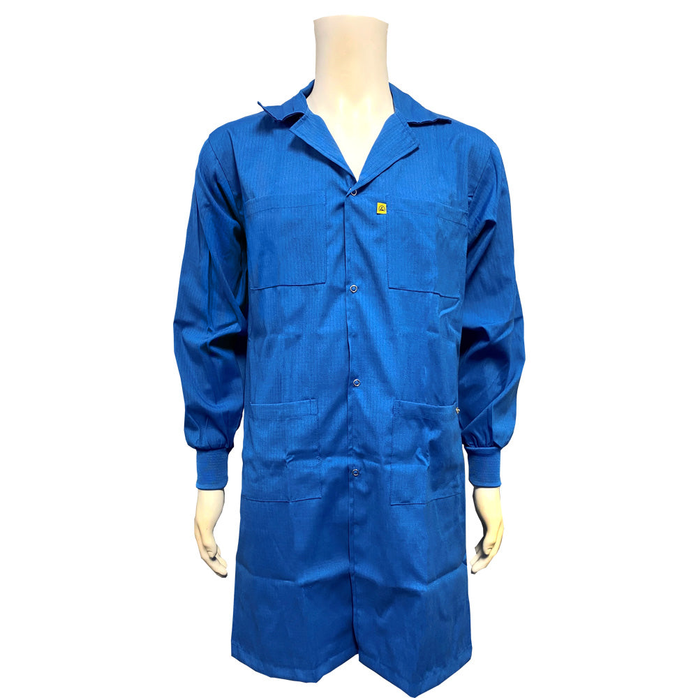 Heavyweight ESD Lab Coat: Cotton Fabric, Lapel Collar, ESD Knit Cuff