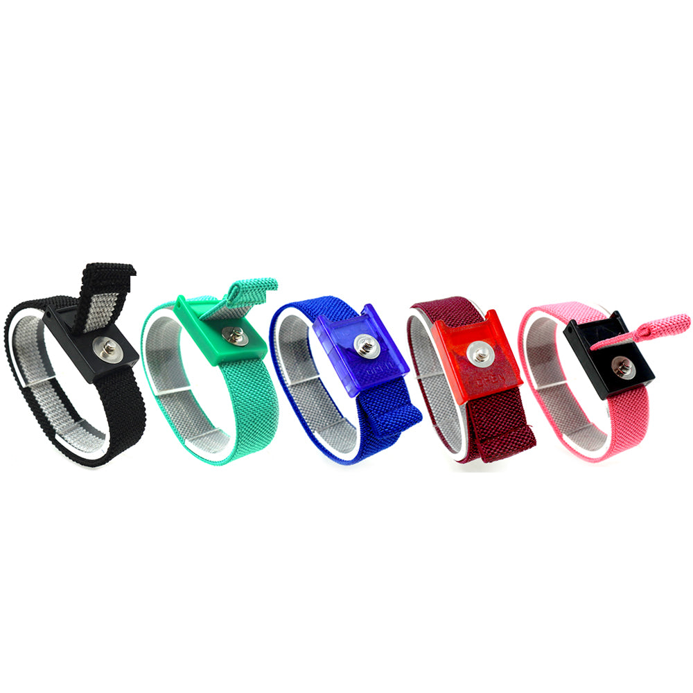 Five adjustable fabric wristbands in black, mint green, blue, red, and pink, arranged in a diagonal row on a plain white background.
