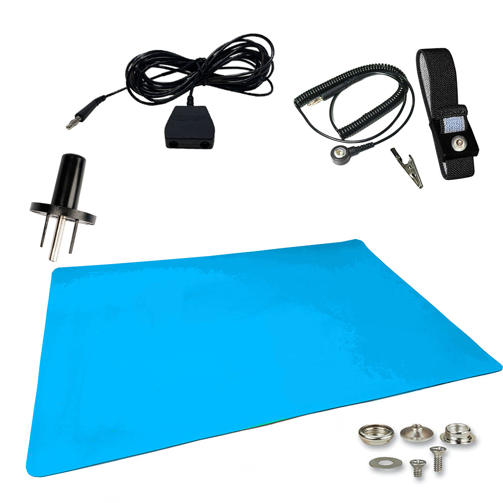 ESD Compliant Mat Workstation Kit - 16"x24"x.060", Wrist Strap Set, Ground Cord, Universal Snap Kit, Easy to Use Outlet Adapter, Computer/Cellphone Repair Kit, Soldering Mat - NASA Blue