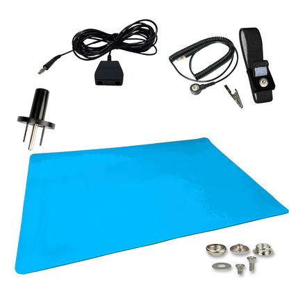 ESD Compliant Mat Workstation Kit - 16"x24"x.060", Wrist Strap Set, Ground Cord, Universal Snap Kit, Easy to Use Outlet Adapter, Computer/Cellphone Repair Kit, Soldering Mat - NASA Blue