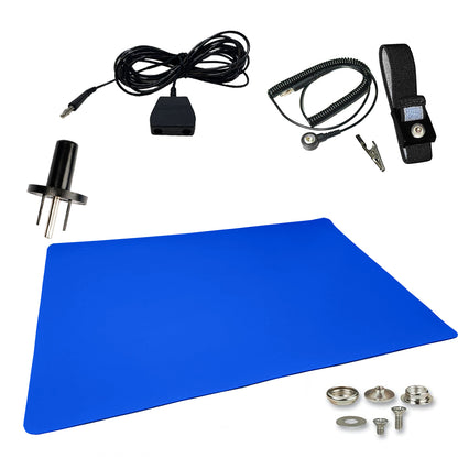 ESD Compliant Mat Workstation Kit - 16"x24"x.060", Wrist Strap Set, Ground Cord, Universal Snap Kit, Easy to Use Outlet Adapter, Computer/Cellphone Repair Kit, Soldering Mat - NASA Blue