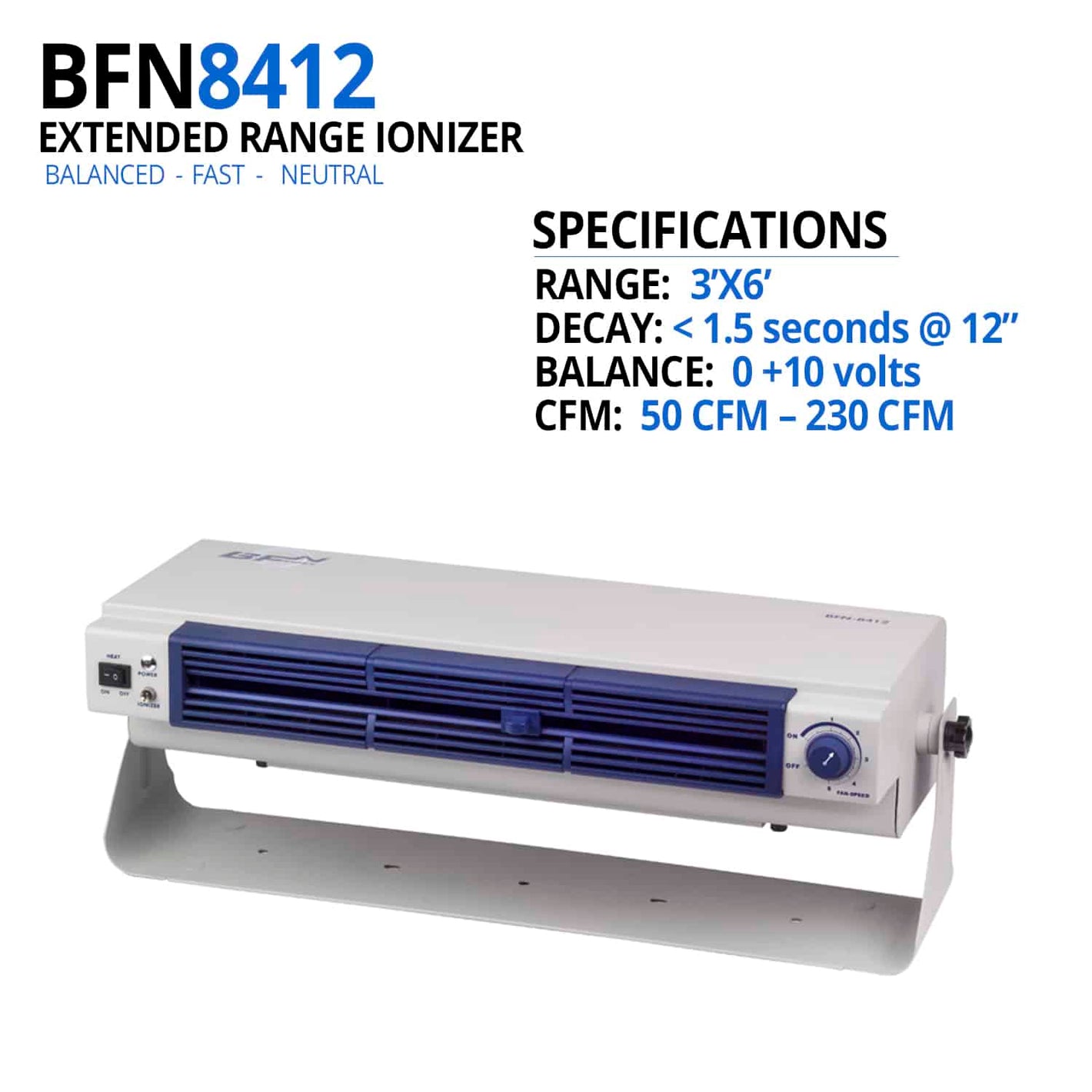 BFN8412 Extended Coverage Bench Top AC Ionizer high speed, consistent static elimination for an extended 3'x6' coverage area