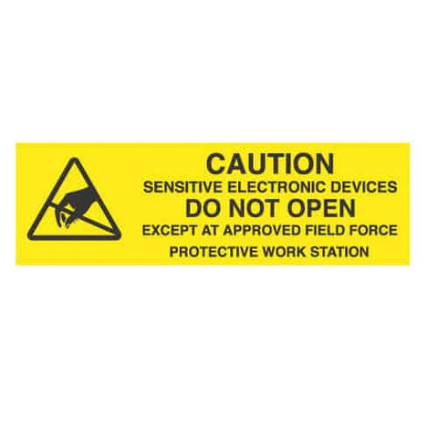 ESD Label: "Caution Sensitive Electronic Devices Do Not Open Except at Approved Field Force Protective Work Station" Size: 5/8" X 2"